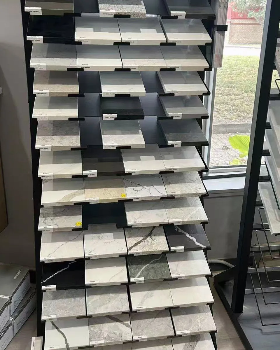 Vicostone quartz countertop samples on a display rack by the showroom window.
