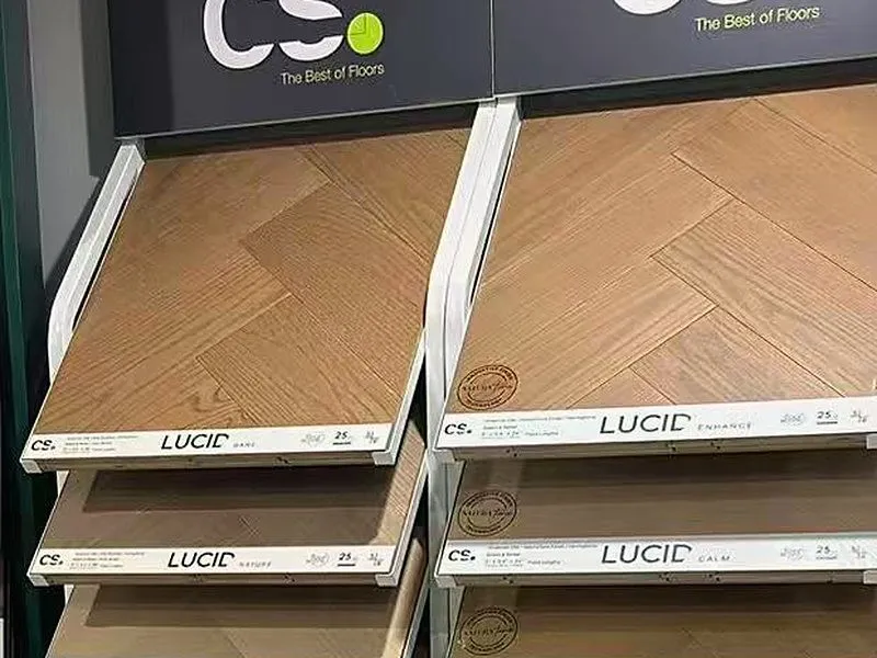 CS Lucid oak herringbone samples on display racks.