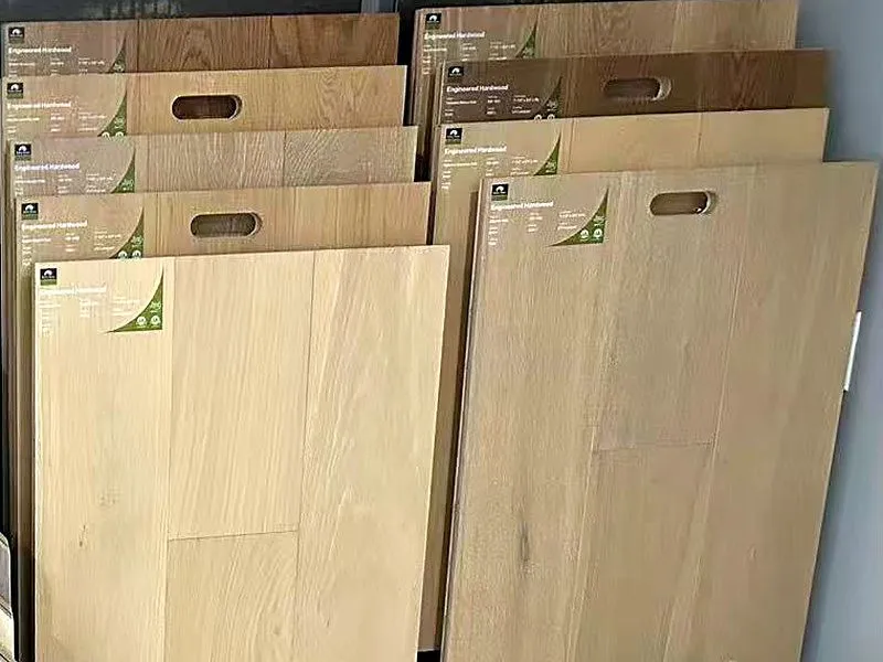 Engineered oak hardwood sample boards on display stands.